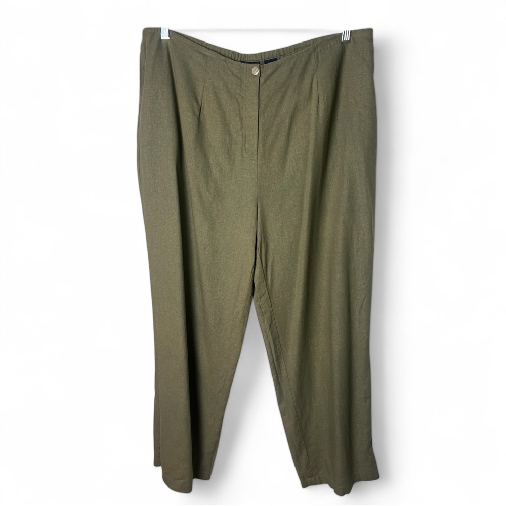 Laura Scott Woman Khaki Green Linen Blend Trousers Mother of Pearl Button Sz 18W